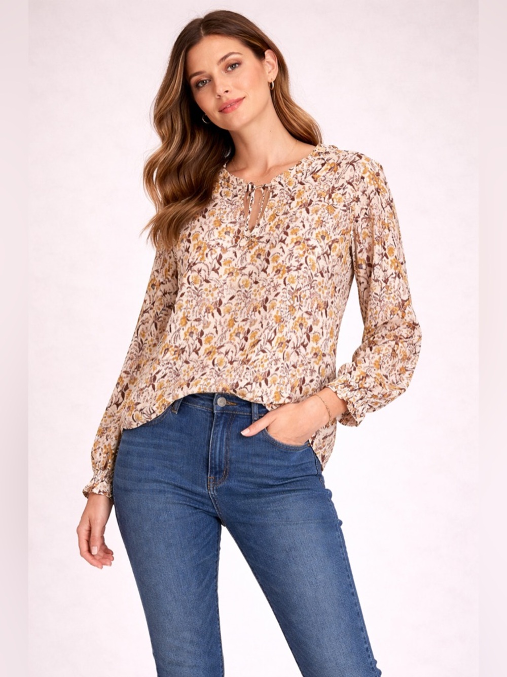 Lucky Brand Floral Blouse in Cream and Brown